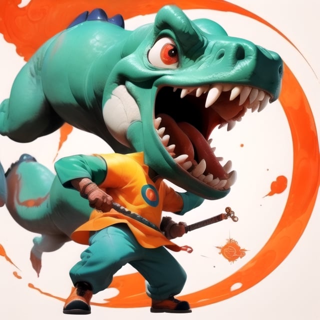  male super cute dinosaur inside a circle background, cute cartoon style, colorful, very clear, very creative, beautiful, childish cute cartoon style:1.3, weapon,