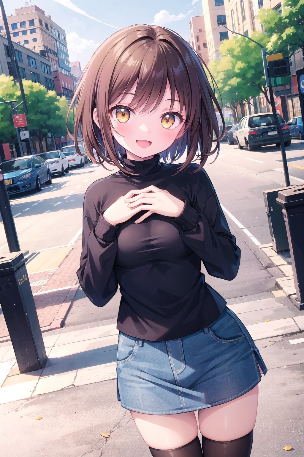 1girl,solo,medium hair,sidelocks,parted bangs,brown hair,yellow eyes,medium breasts,slim,turtleneck,skirt,denim skirt,miniskirt,black stockings,:d,smile,outdoors,city,park,cute pose,hands on own chest,dutch angle,anime screencap,anime coloring
