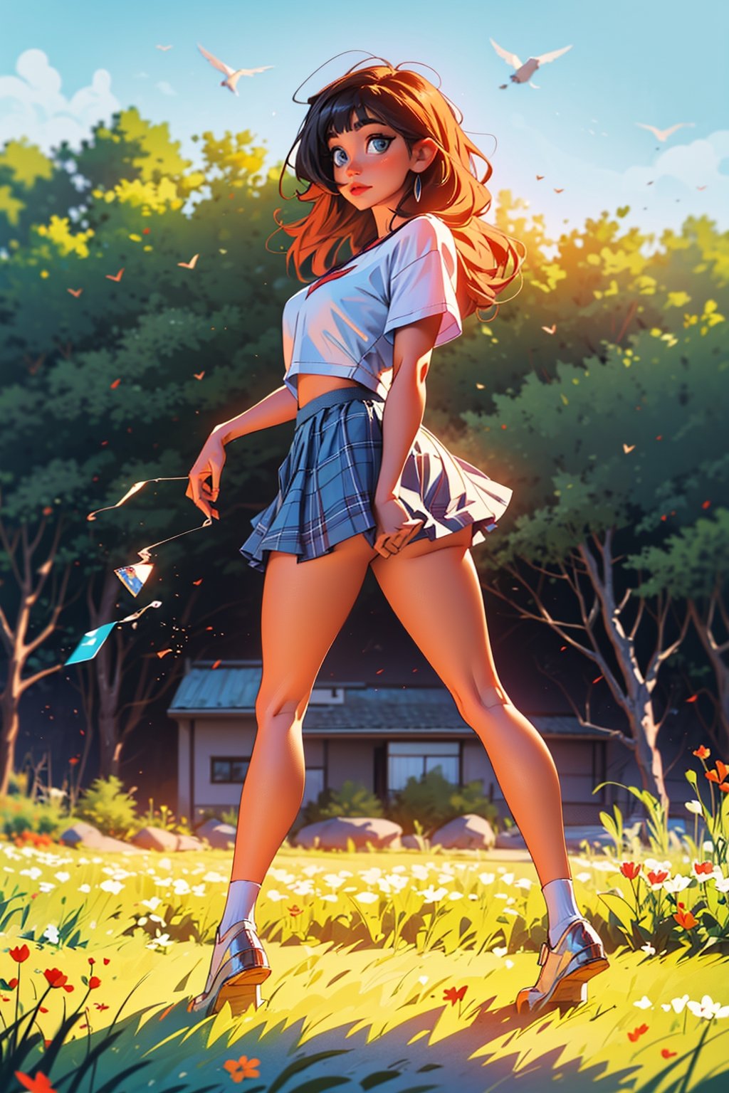 1 Girl,full body,curvy body,high quality,masterpiece,ultra high resolution,looking at viewers,real skin textures,realistic eyes and face details,soft makeup,long fluffy hair,straight hair,light blue eyes,short skirt,nature background,plaid skirts,light red T-shirt,bangs,detailed eyes,perfect hands,perfect feet,hdr,4k,8k,ultra HD