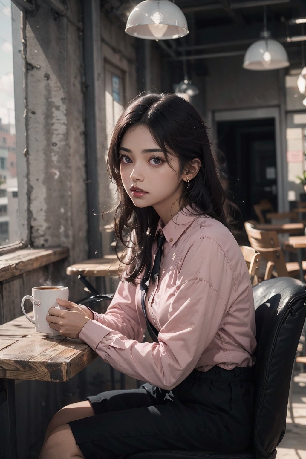 high detailed,light pink shirt,indian,20 years old beautiful woman,brown skin,20 years old,cafe environment,sitting on chair,having coffee,artifial light,aestheic light,wearing black loose tie,light pink lipstick,long straight black hair,hair strands behind ear,earrings,cinematic background blur,full body,tyndall effect,sunlight