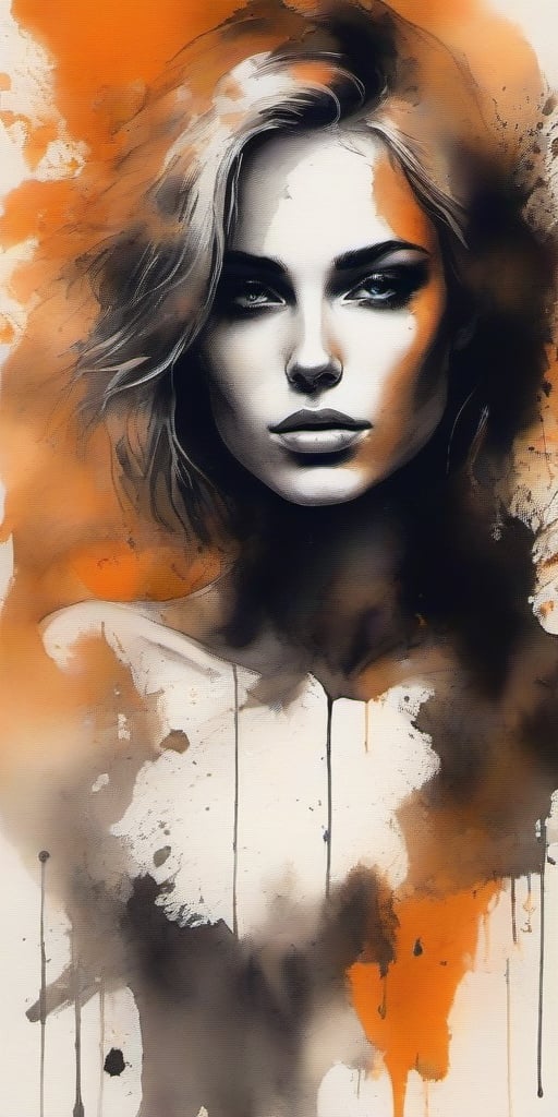 Masterpiece, best quality, highres and aesthetic ink art of a dark orange and black wall with a shadow of a beautiful woman 21 y.o. from the half side of the bust of a blonde beautiful woman looking, open robe, small breasts, flat chested, with the chest in front, proudly presenting her gorgeous breast, blue eyes, thoughtful face, sensual, angelic face, penetrating look, provocative look, dim light, gorgeous breasts, lascivious girl, shadows, nsfw,ink 