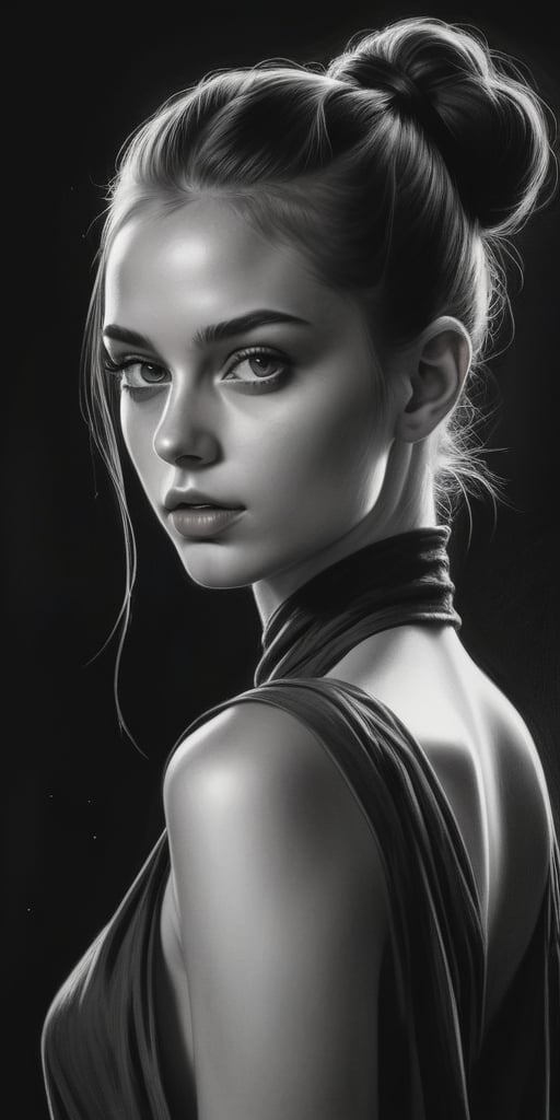 Nsfw, aesthetic dark art, pencil sketch art, amazing quality, masterpiece, best quality, highres, breathtaking, breathtaking young and beautiful woman, close_up low angle, open wide tunic, topless, ponytail, slender, sensual, exciting, perfecteyes, portraitart,portrait art style, dim light,concept art,dark theme, 