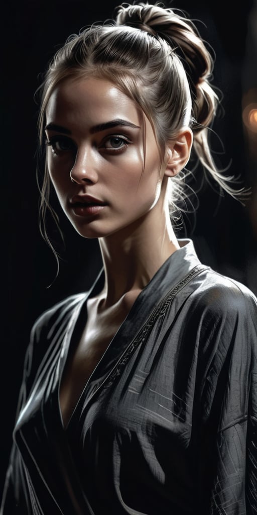 aesthetic sexy dark art, pencil sketch art, amazing quality, masterpiece, best quality, highres, breathtaking, breathtaking young and beautiful woman, close_up low angle, open wide tunic, topless, ponytail, slender, sensual, exciting, perfecteyes, portraitart,portrait art style, dim light,concept art,dark theme, 