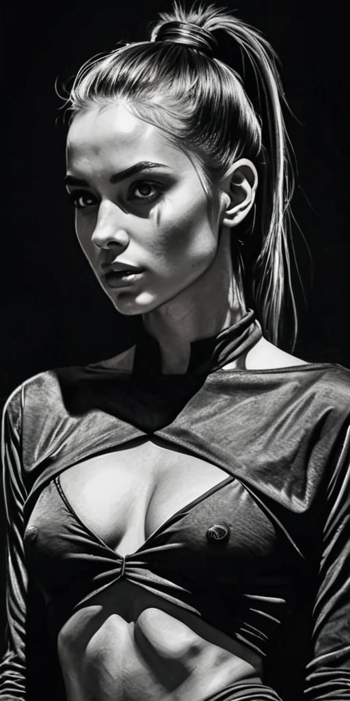 aesthetic sexy dark art, pencil sketch art, amazing quality, masterpiece, best quality, highres, breathtaking, breathtaking young and beautiful woman, close_up low angle, open wide tunic, topless, ponytail, slender, sensual, exciting, perfecteyes, portraitart,portrait art style, dim light,concept art,dark theme, 