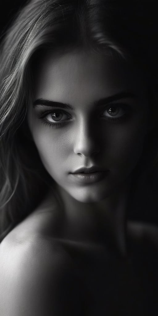 beautiful and breathtaking young woman, sensual and tender, romantic and sexsuality, Sliding clothes, loose clothes, bare shoulders, half naked, spotlight, silhouette, looking at viewer, nsfw, monochrome, detailed beautiful face, simple background, dark background , dark theme, dimly lit, perfecteyes,Low-key,Low-key lighting Style