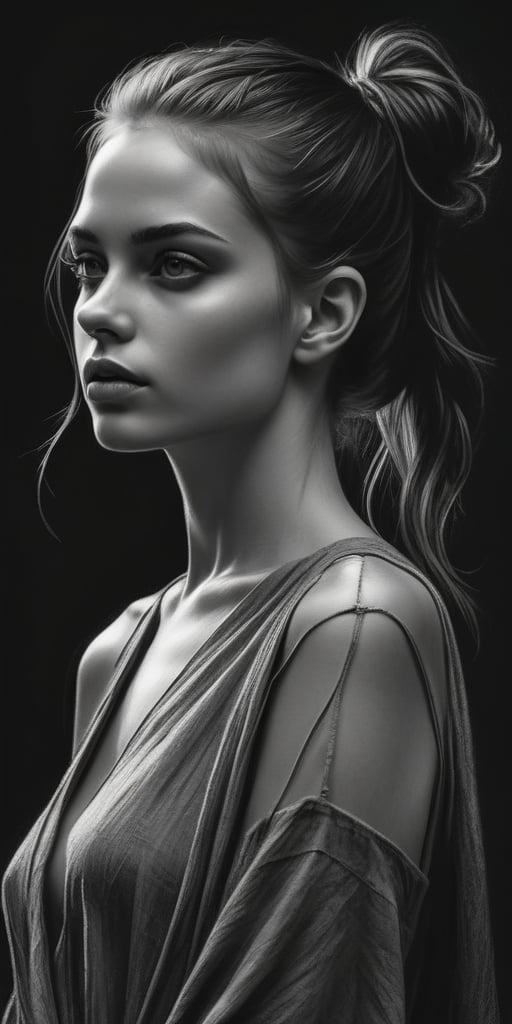 aesthetic dark art, pencil sketch art, amazing quality, masterpiece, best quality, highres, breathtaking, breathtaking young and beautiful woman, naked, close_up low angle, open wide tunic, topless, ponytail, slender, sensual, exciting, perfecteyes, portraitart,portrait art style, dim light,concept art,dark theme, 