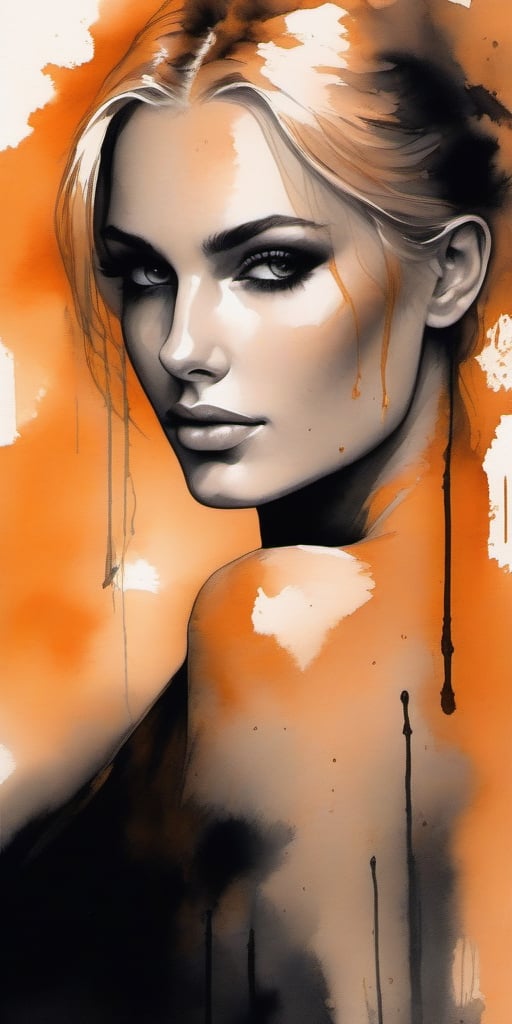 Masterpiece, best quality, highres and aesthetic painting of a dark orange and black wall with a shadow of a beautiful woman 21 y.o. from the half side of the bust of a blonde beautiful woman looking, open robe, small breasts, flat chested, with the chest in front, proudly presenting her gorgeous breast, blue eyes, thoughtful face, sensual, angelic face, penetrating look, provocative look, dim light, gorgeous breasts, lascivious girl, shadows, nsfw,ink 