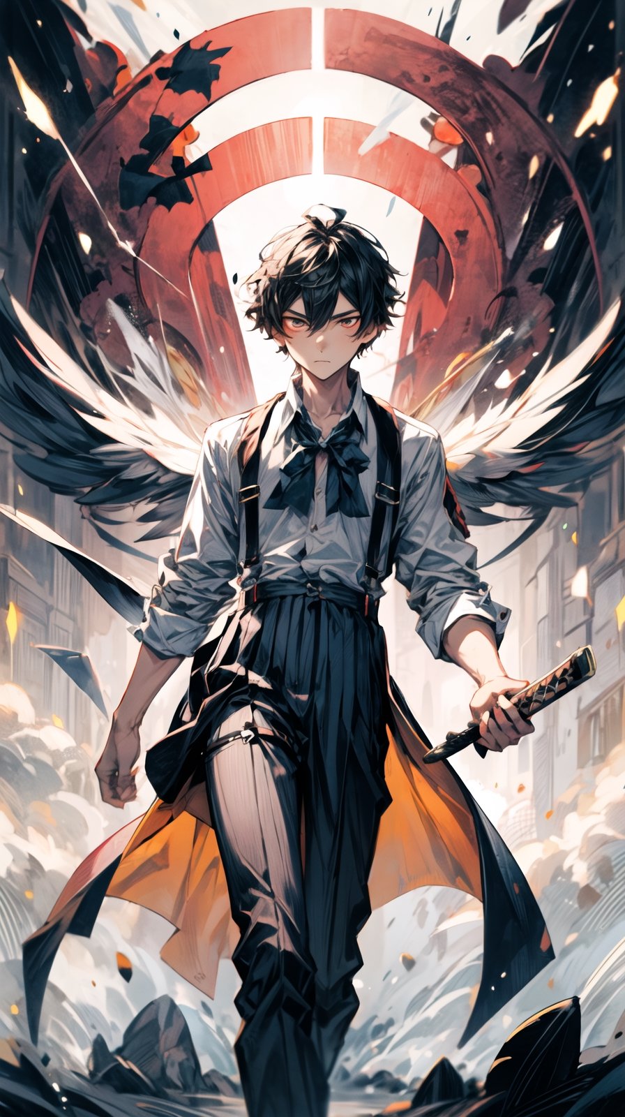 A boy, holding a western sword in his left hand, suspenders, long legs, sexy, with a cold expression, character \(series\), Zhongli,(wearing DK), (school_uniform)