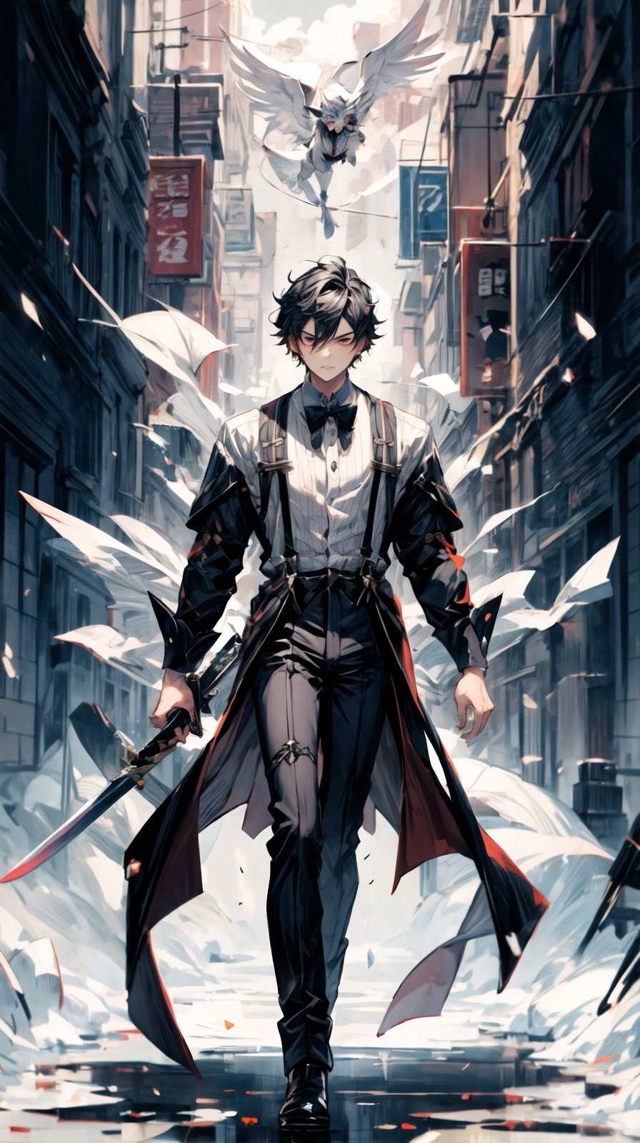 A boy, wearing a tuxedo, holding a western sword in his left hand, suspenders, long legs, sexy, with a cold expression, character \(series\), Zhongli,wearing DK