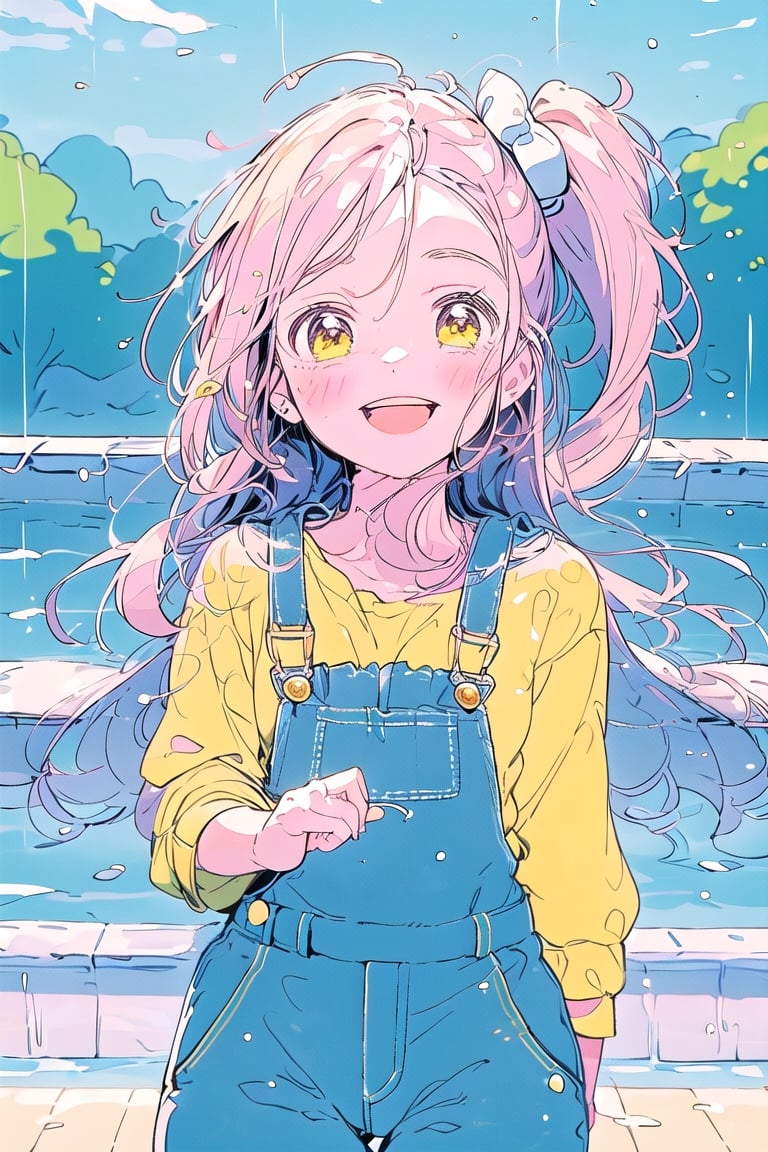 1girl, :d, sweet and innocent-looking girl, long hair, light pink hair, soft curls, cute little bows, ,ribbons, babycore, bright pink overalls, yellow, oversized t-shirt, 2d art, rainobws, anime screenshot, kyoani, ,koe no katachi,marika tachibana