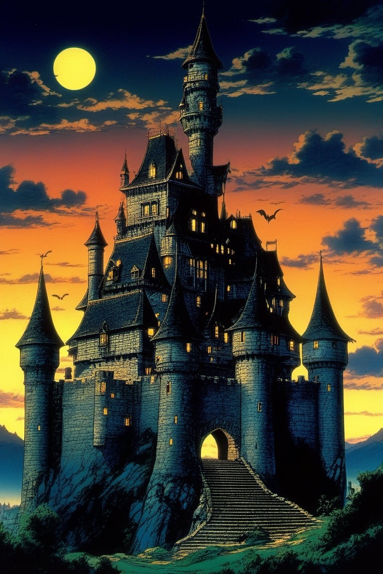 (Best quality) (masterpiece) A beautiful dark castle scenery in the 1990 anime show, dark fantasy, ((vintage anime)) (((1990s anime))) , retro anime, fairytale, Classic fairytale, dark fairytale ,magical fantasy style,nighttime,bats_flying,pencil sketch, ,horror,2d_animated,EpicSky, 6000,2D