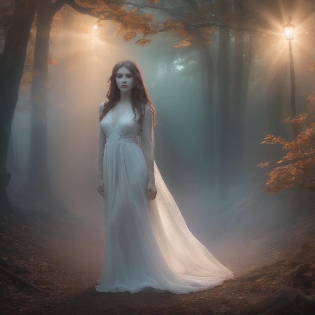 Laura, beautiful, transparent ghost female at night in the forest, long white dress, colorful aura around her body
