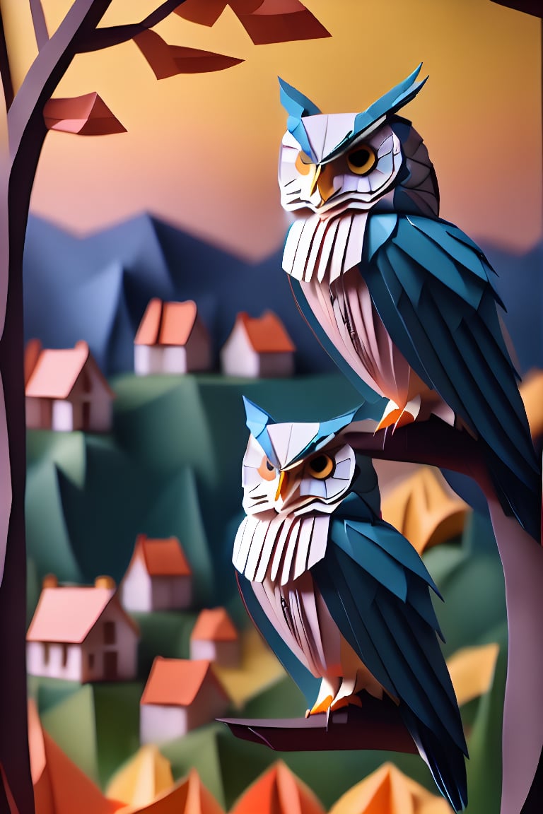 ((best quality)), absurdres, ((ultra high res)), origami, a paper owl sitting on a tree branch, extremely detailed, realistic, 8k, masterpiece,origami