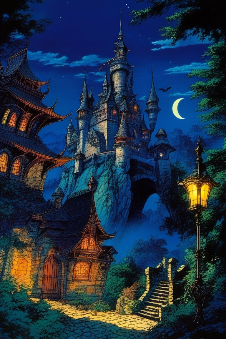 (Best quality) (masterpiece) A beautiful dark castle in the 1990 anime show, dark fantasy, ((vintage anime)) (((1990s anime))) , retro anime, fairytale, Classic fairytale, dark fairytale ,magical fantasy style,nighttime,bats_flying,pencil sketch, ,horror,2d_animated,EpicSky, 6000,2D