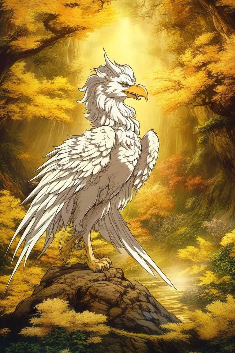 (Best quality) (masterpiece) A beautiful golden white griffin in the 1990 anime show,  dark fantasy,  ((vintage anime)) (((1990s anime))),  retro anime,  fairytale,  Classic fairytale,  dark fairytale , magical fantasy style,  ominous background, pencil sketch,  , horror, 2d_animated, EpicSky,  6000, 2D