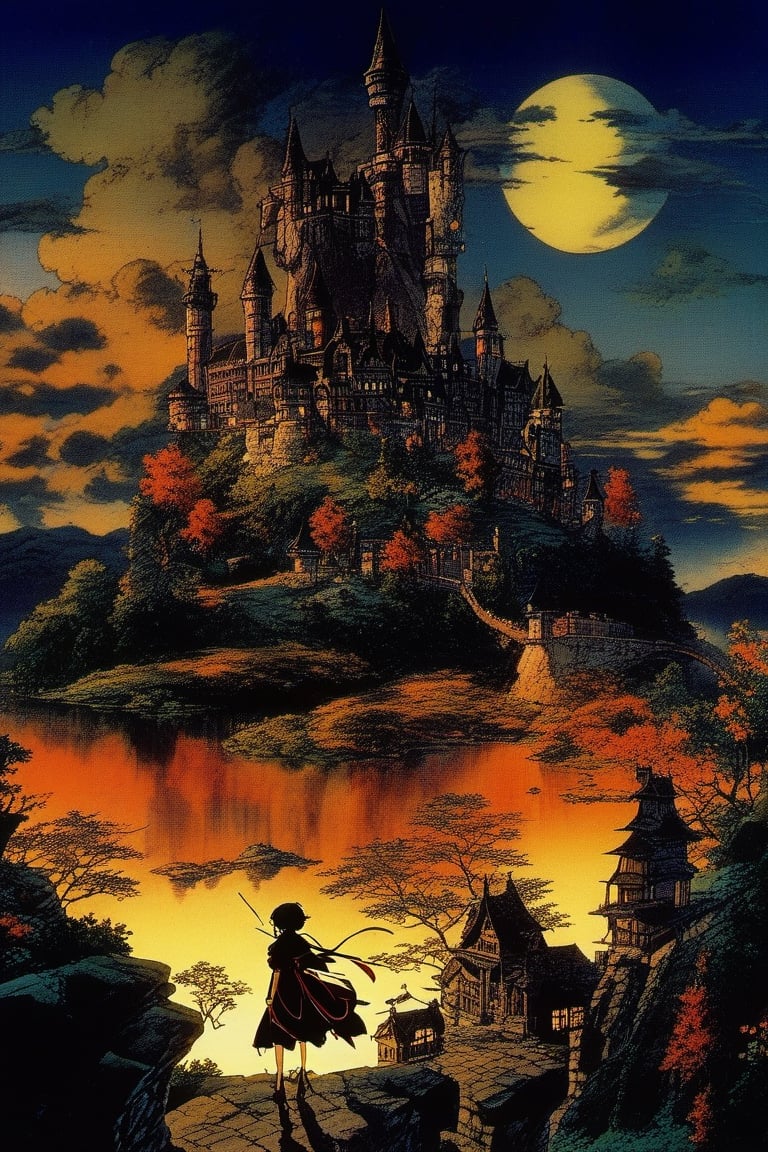 (Best quality) (masterpiece) A beautiful dark castle scenery in the 1990 anime show, dark fantasy, ((vintage anime)) (((1990s anime))) , retro anime, fairytale, Classic fairytale, dark fairytale ,magical fantasy style,nighttime,bats_flying,pencil sketch, ,horror,2d_animated,EpicSky, 6000,2D