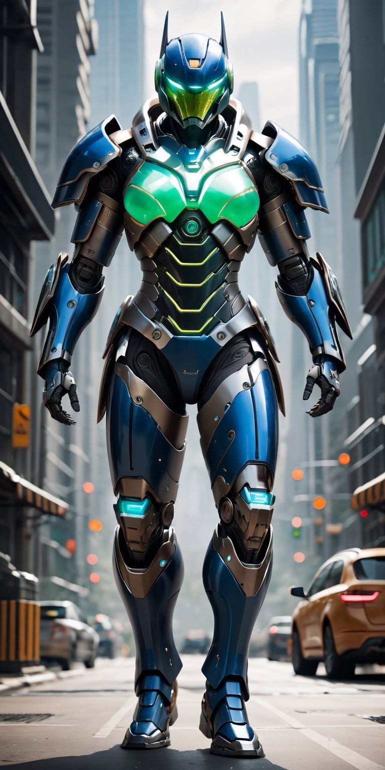 Embark on a mecha-inspired futuristic odyssey with this detailed prompt: "Visualize a beautiful biometric glowing shiny smooth glassy hi-tech cybernetic robotic green-black-blue titan Hi-Tech muscular armor suit. Challenge artists to seamlessly incorporate hi-tech glowing heavy muscular armor, hi-tech sharp claws, and a perfect helmet into the design. Frame the scene against a futuristic city backdrop, emphasizing the full body Hi-Tech muscular heavy armor, perfect Hi-Tech shoes, and infuse the composition with the captivating style reminiscent of sci-fi fantasy movies. Encourage artists to craft a visually stunning and high-detailed image masterpiece, exploring the synergy of mecha aesthetics and futuristic prowess. Perfect hi-tech cape, high detailed clows, high detailed helmet, heavy bat style super realistic armour, fantasy style glass-like Hi-Tech heavy armour holding a sword."
