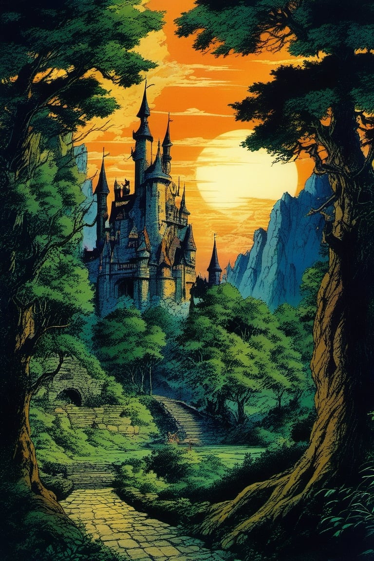 (Best quality) (masterpiece) A beautiful dark castle scenery in the 1990 anime show, dark fantasy, ((vintage anime)) (((1990s anime))) , retro anime, fairytale, Classic fairytale, dark fairytale ,magical fantasy style, ominous background,creepy_forest,magical place,pencil sketch, ,horror,2d_animated,EpicSky, 6000,2D