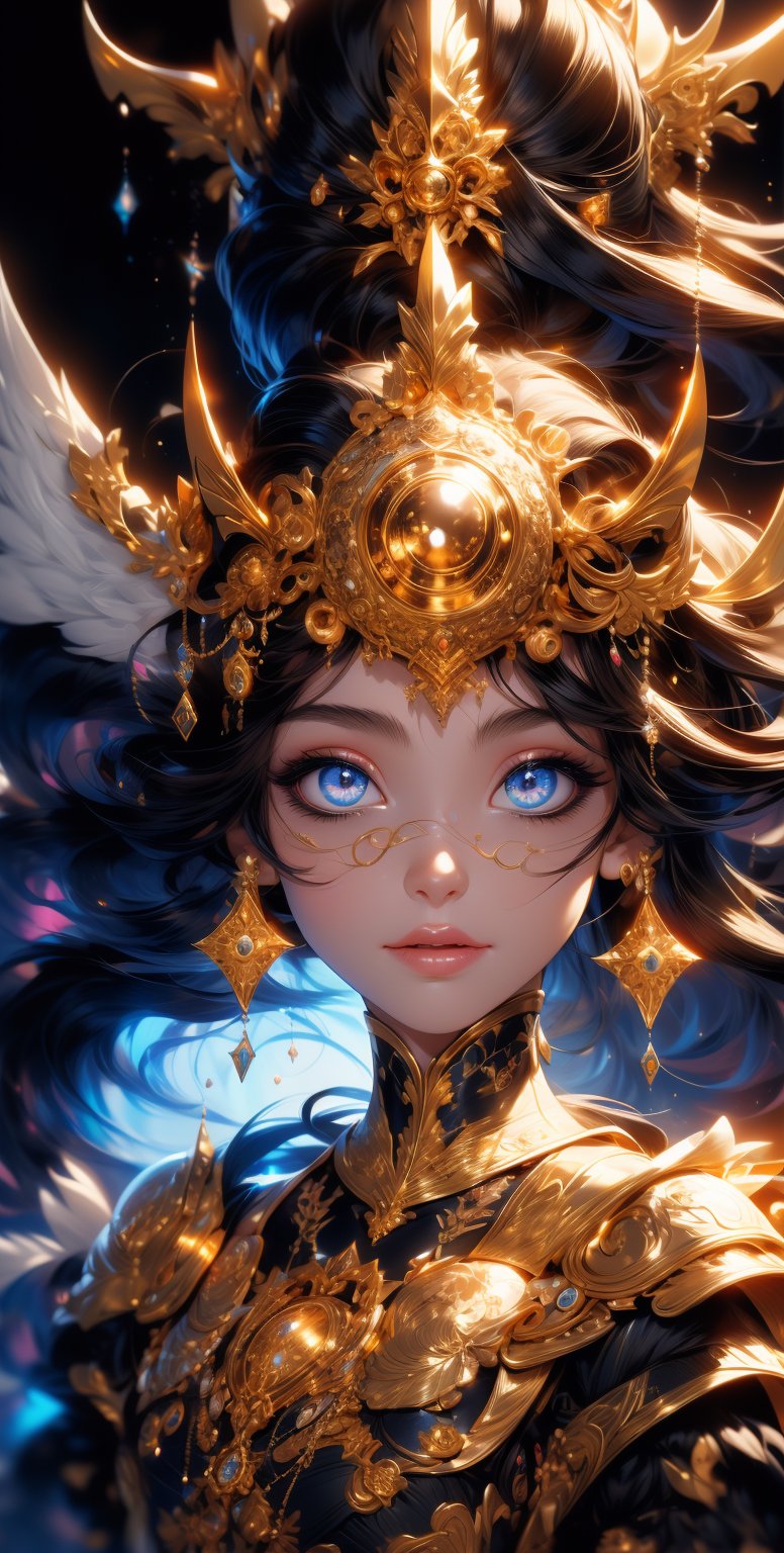 a black woman with the sun in her eye on her right, in the style of dark gold and light gold, detailed fantasy art, symmetrical balance, otherworldly illustrations, reimagined by industrial light and magic, digital airbrushing, unique and one-of-a-kind pieces 