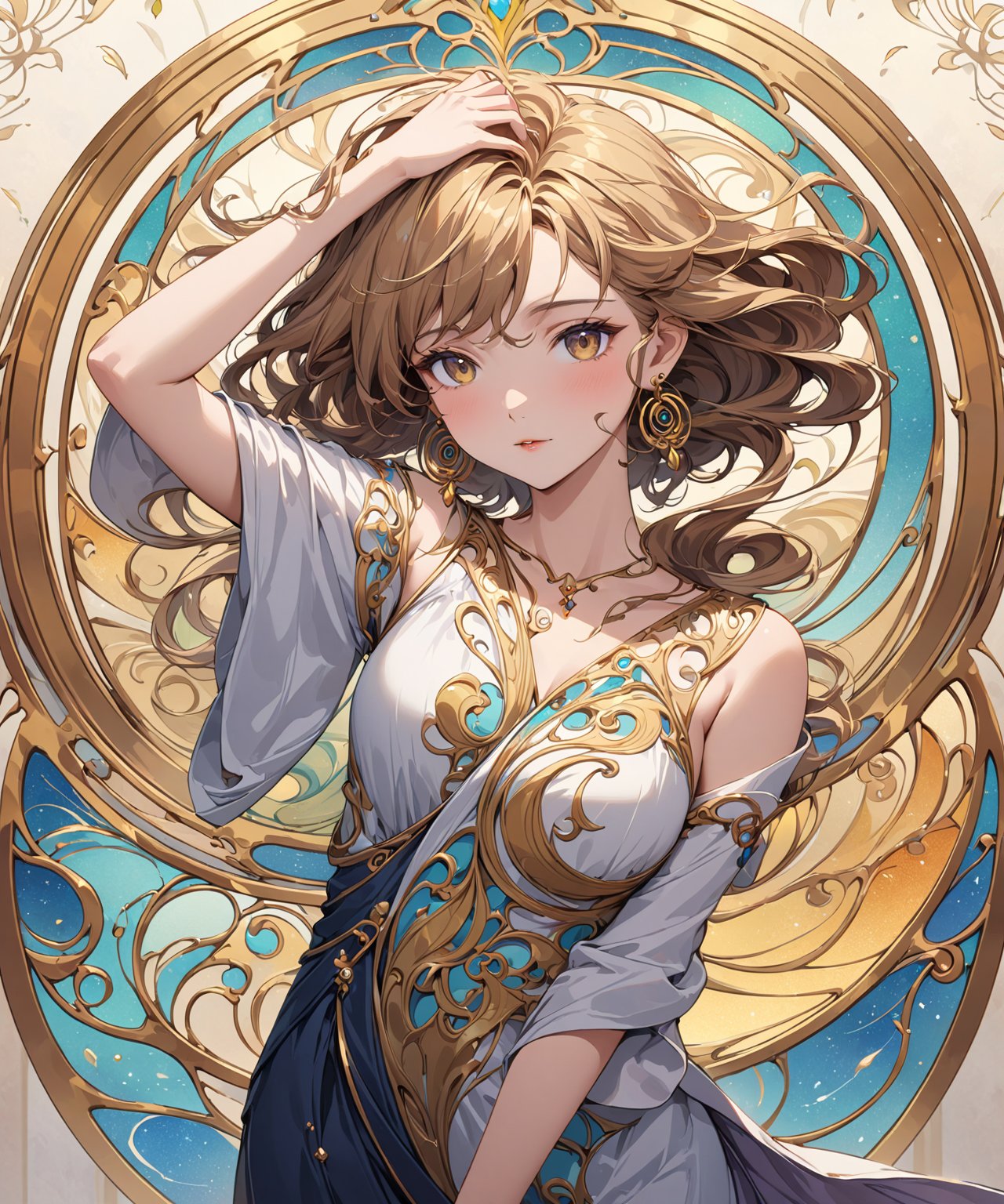 Masterpiece, 4K, ultra detailed, ((solo)), anime style, beautiful mature woman with 1 hand above head, beautiful hazel eyes and gold earrings, windy outdoor, more detail XL, SFW, (swirling Art Nouveau style),