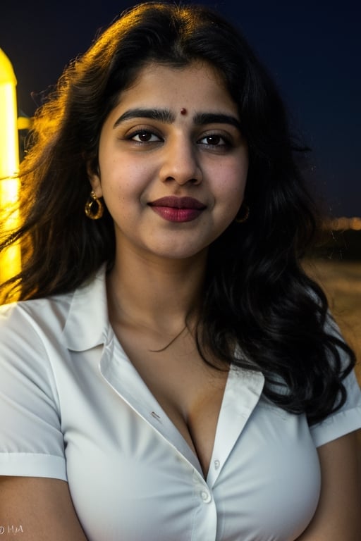 Raw photo, night background with a large full moon and sea waves, medium-sized mouth, thin lips, lips the same color as her skin, knowing close mouth smile, giving her a mysterious and enigmatic appearance. looking up to her right, round nose, light face, 1 young indian modern woman with fair skin,divya bharti , 30 years old, (Best Quality: 1.4), jet black hair, very defined, very curly hair. large light green eyes, large almond eyes, expressive and detailed, she wears a white button-down blouse with yellow short sleeves. 8K resolution, high resolution, (photorealistic, high resolution: 1.4),cleavage cutout, giant_breasts,Photo Real,seductive_pose