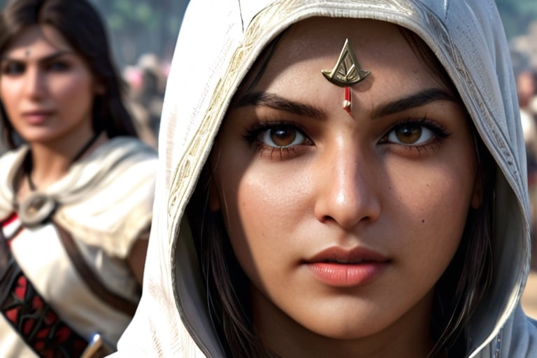 assassin's creed closeup look 4k quality,portrait,cute indian girl,white skin,large_boobs,asian girl,Extremely Realistic