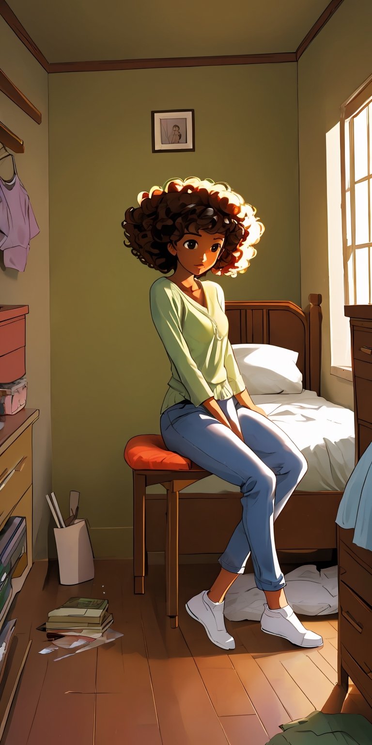 Curly hair
African american 
Sitting 
Bedroom 