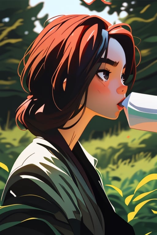 portrait of a young woman, 8k, drinking tea in the forest,SAM YANG