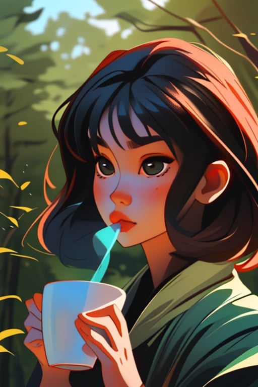 portrait of a young woman, 8k, drinking tea in the forest,SAM YANG
