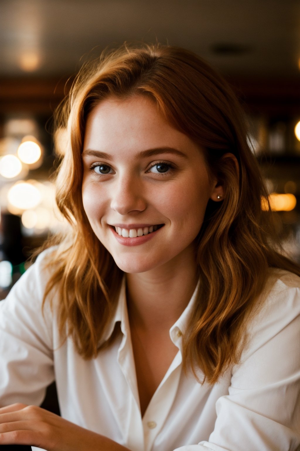 a close up photo of a 20 year old french woman in a blouse at a bar, seductive smile, ginger hair, cinematic light, film still,