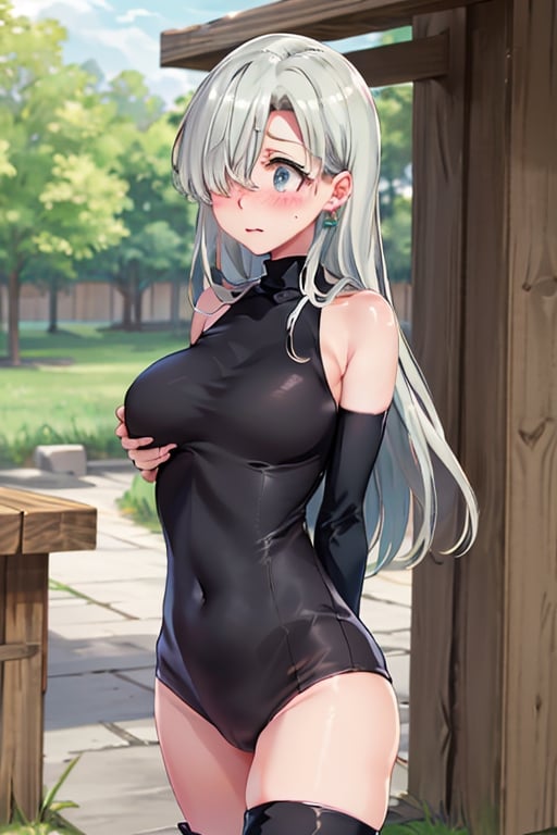 masterpiece, best quality, highres, hmeliza, 1girl, hair over one eye, jewelry, black thighhighs, black leotard, bridal gauntlets, highleg leotard, highleg, turtleneck, elbow gloves, , arms behind back, outdoors, embarrassed, blush , grabbing_own_breast ,