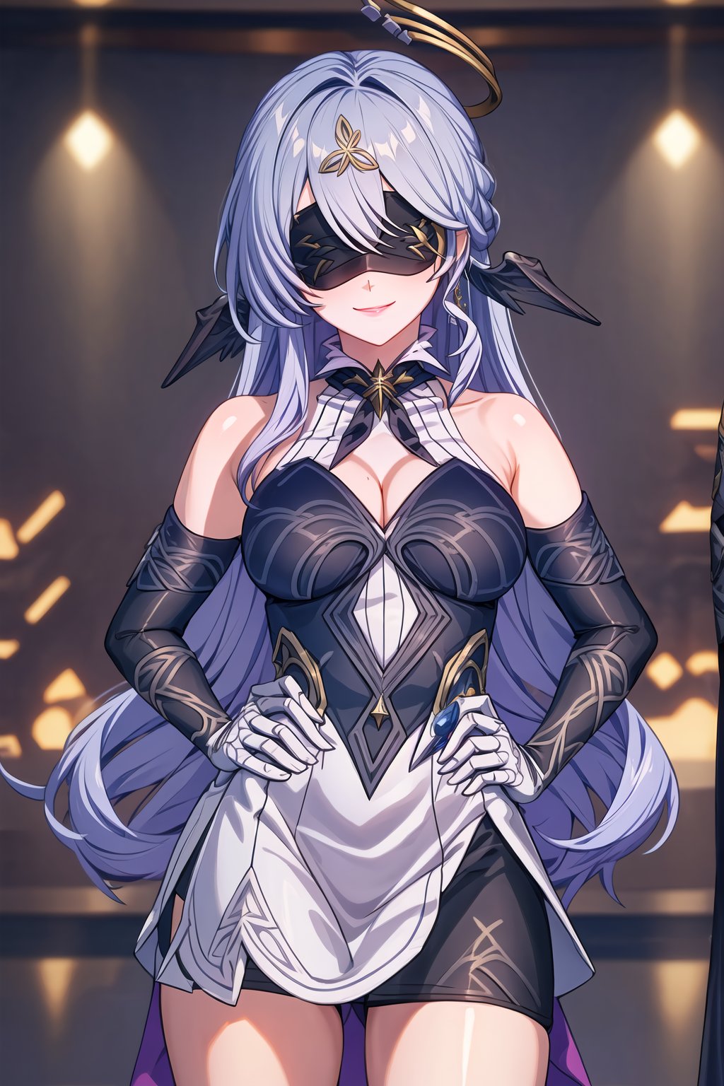 (best quality), (highly detailed), masterpiece, (official art),
1girl, solo, blindfold, ((best quality)), ((highly detailed)), dutch angle, masterpiece, 1girl, evil smile:1.2, smug, seductive smile, solo, standing, blindfold, mask, eye mask, dress, cleavage, black gloves, gloves, elbow gloves, hair ornament, triquetra symbol , ((posing)), outdoors, hand on hip, cowboy shot, looking at viewer, indoors, blurry background,depth of field, best quality, masterpiece, intricate details, tonemapping, sharp focus, hyper detailed, trending on Artstation,black lips, robin, head wings, halo