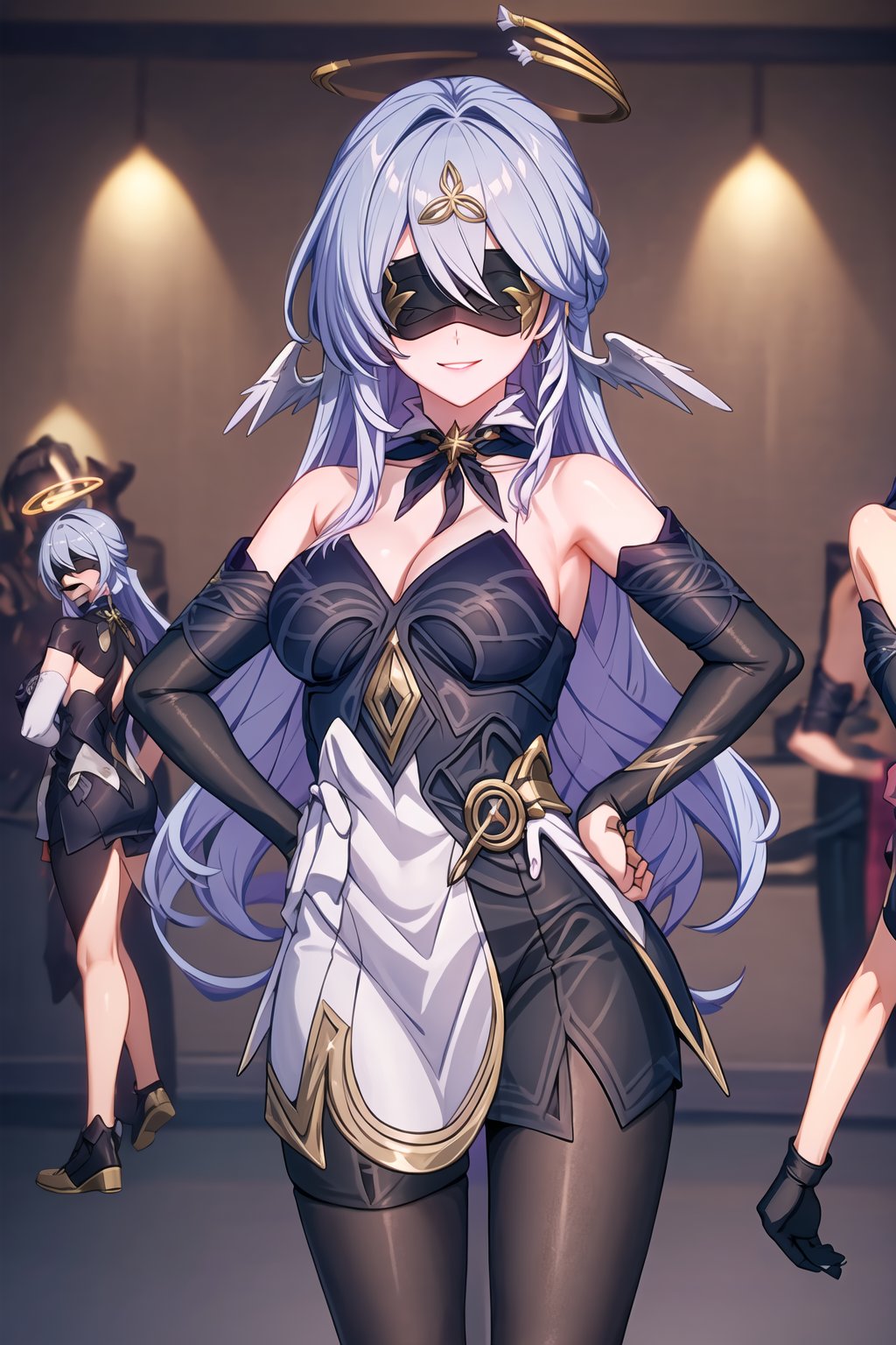 (best quality), (highly detailed), masterpiece, (official art),
1girl, solo, blindfold, ((best quality)), ((highly detailed)), dutch angle, masterpiece, 1girl, evil smile:1.2, smug, seductive smile, solo, standing, blindfold, mask, eye mask, dress, cleavage, black gloves, gloves, elbow gloves, hair ornament, triquetra symbol , ((posing)), outdoors, hand on hip, cowboy shot, looking at viewer, indoors, blurry background,depth of field, best quality, masterpiece, intricate details, tonemapping, sharp focus, hyper detailed, trending on Artstation,black lips, robin, black head wings, halo, black cleavage, pantyhose