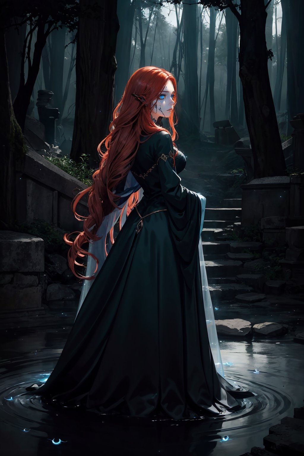 [:(best quality, high quality, detailed:1.3 ): 0.5],  [(enchanted forest at dawn:1.3) ::7], (exquisite artwork:1.2), BREAK (mysterious figure and mystical creatures:1.4), (1female, ethereal beauty, porcelain skin, flowing auburn hair), [flowing gown: intricate armor: 0.65], (piercing emerald eyes), (ancient ruins:1.1), (soft moonlight:1.2), (luminous fireflies:1.1), (wisp of mist:0.9)