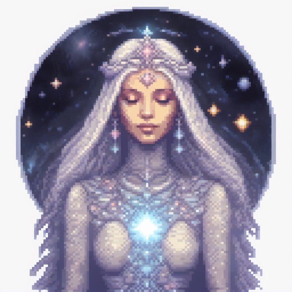 (((pixel art))), [(majestic, cosmic artwork:1.5) ::0.25], (masterpiece:1.40), (ethereal goddess:1.30), (1female, divine presence, draped in gossamer dress speckled with glittering stars:1.50), [silver hair: galaxy-patterned hair: 0.60], (sculpting solar systems:1.50), amidst cosmos, nebulas, astral bodies, (radiant hands:1.30), (emanating cosmic energy:1.30), new planets forming, twinkling to life BREAK (celestial background:1.40), (starry sky:0.80), (ethereal glow:1.20),