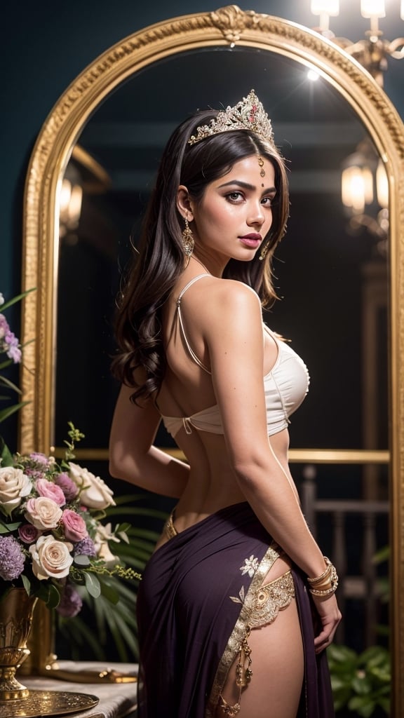 (((Stunningly Beautiful Persian Princesss ))), elegant blue black updo hair, Janhvi Kapoor, Laetitia Casta, sweet smile, Beautiful bride posing under a fairy tale arch of exotic magical flowers, looking back, elaborate scene style, crystal glass lattice, glitter, transparent pink embroidered lace, realistic style, 8k,exposure blend, medium shot, bokeh, (hdr:1.4), (cinematic), ( dark tones:1.3), (hyperdetailed:1.2),Realism,1 girl,girl wearing indian saree