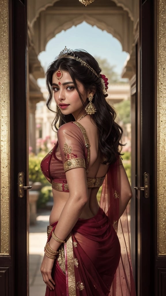 (((Stunningly Beautiful Indian Princesss ))), elegant blue black updo hair, Janhvi Kapoor, Laetitia Casta, sweet smile, Beautiful bride posing under a fairy tale arch of exotic magical flowers, looking back, elaborate scene style, crystal glass lattice, glitter, transparent pink embroidered lace, realistic style, 8k,exposure blend, medium shot, bokeh, (hdr:1.4), (cinematic), ( dark tones:1.3), (hyperdetailed:1.2),Realism,1 girl,girl wearing indian saree(dressed in red transparent saree)(wearing glitter graphics jewelry)