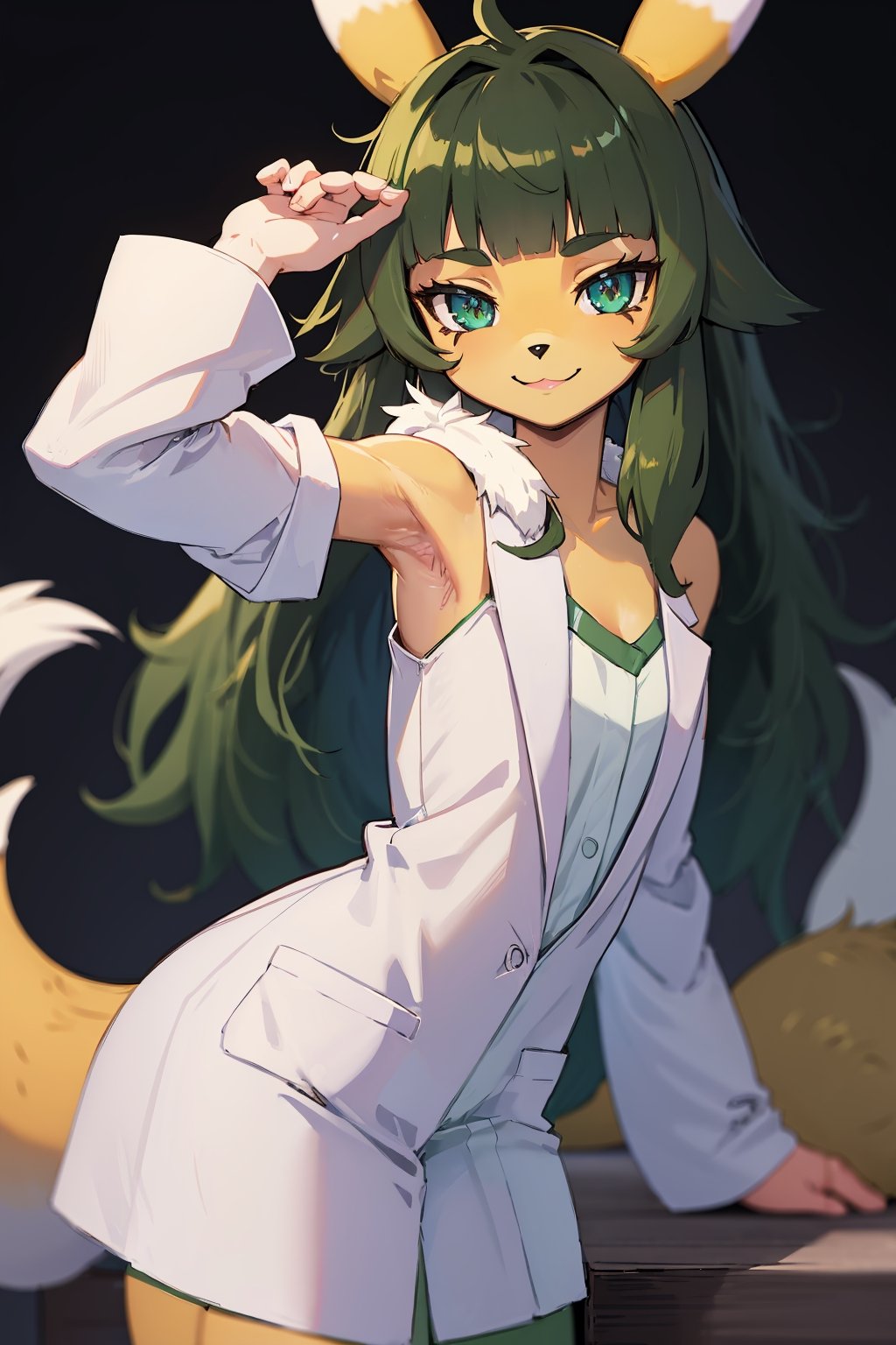 long hair, green hair, cowboy shot, smile, looking at viewer,hiyajo maho,Renamon, fox girl, fur, body fur, anthro, furry, lab coat