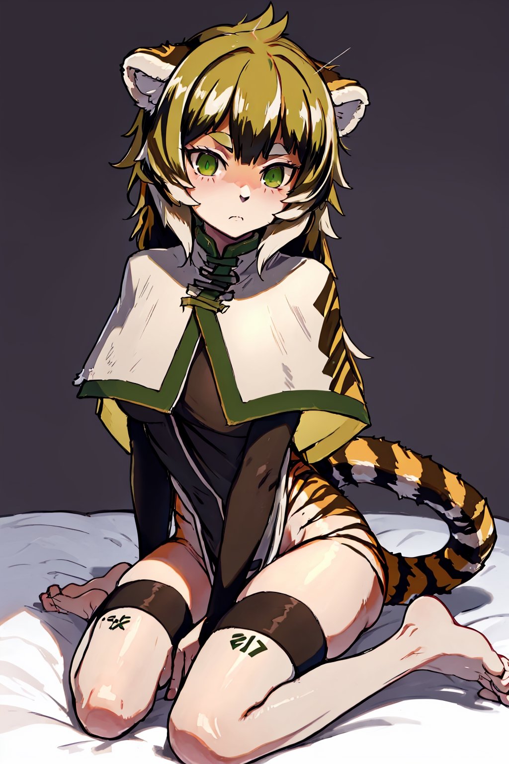 long hair, waai fu, anthro, tiger stripes, capelet, thighhighs, pelvic curtain, furry, fur, (green hair), (hiyajo maho: 1.2), breasts