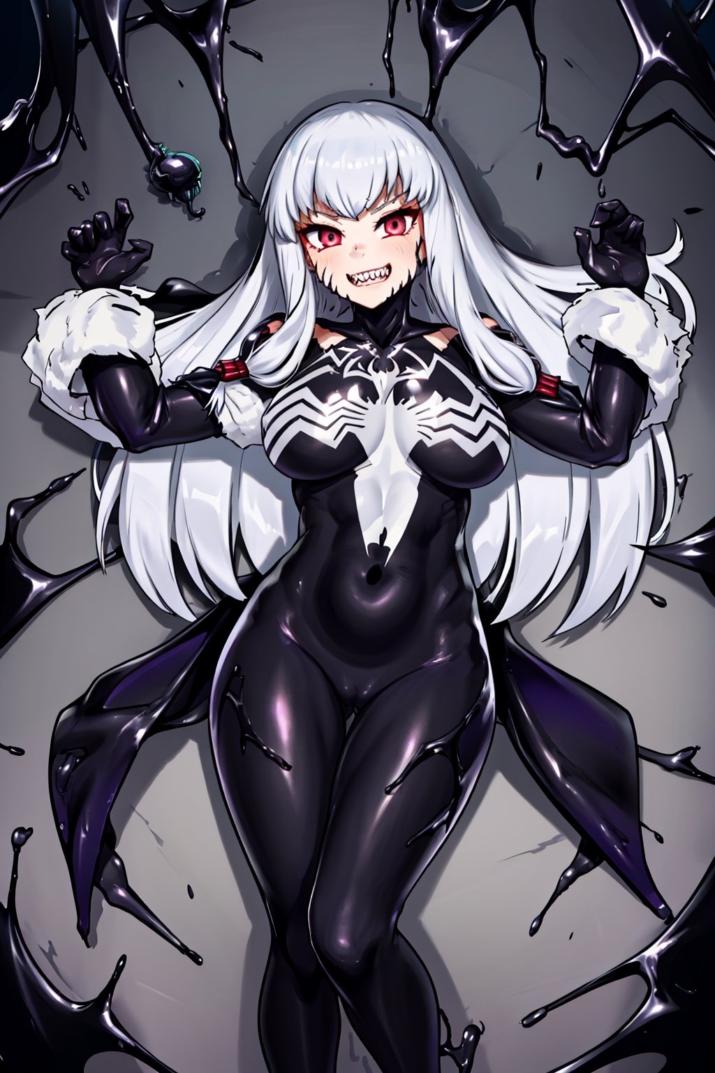 long hair, symbiote, venom, corrution, bodysuit, lying, lysithea, symbiote, venom symbiote fusing with host, black hair, sharp teeth, transformation