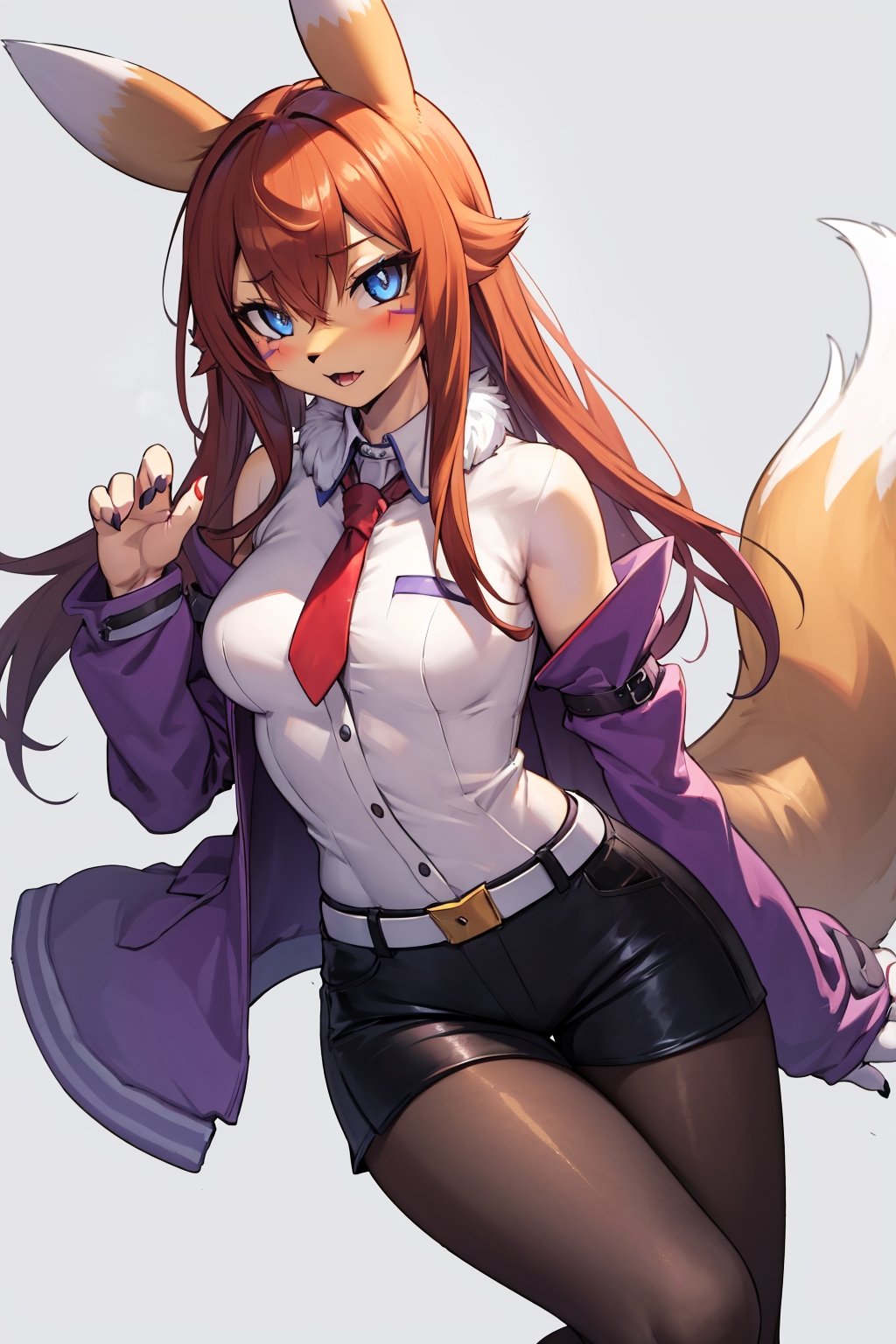 long hair, red hair, looking at viewer, Renamon, fox girl, fur, body fur, anthro, furry, detached sleeves,makise kurisu, paw,   jacket,  off shoulder,  collared shirt,  pantyhose,  black shorts,