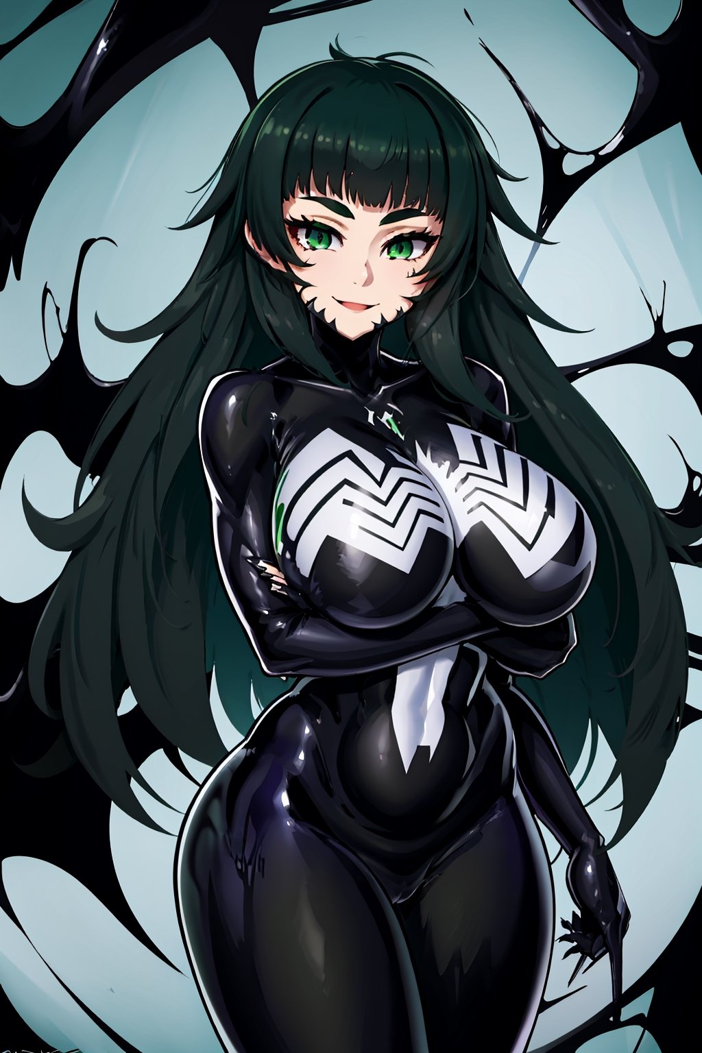 long hair, green hair, cowboy shot, symbiote, venom, corrution, bodysuit, dark persona, smile, looking at viewer,hiyajo maho