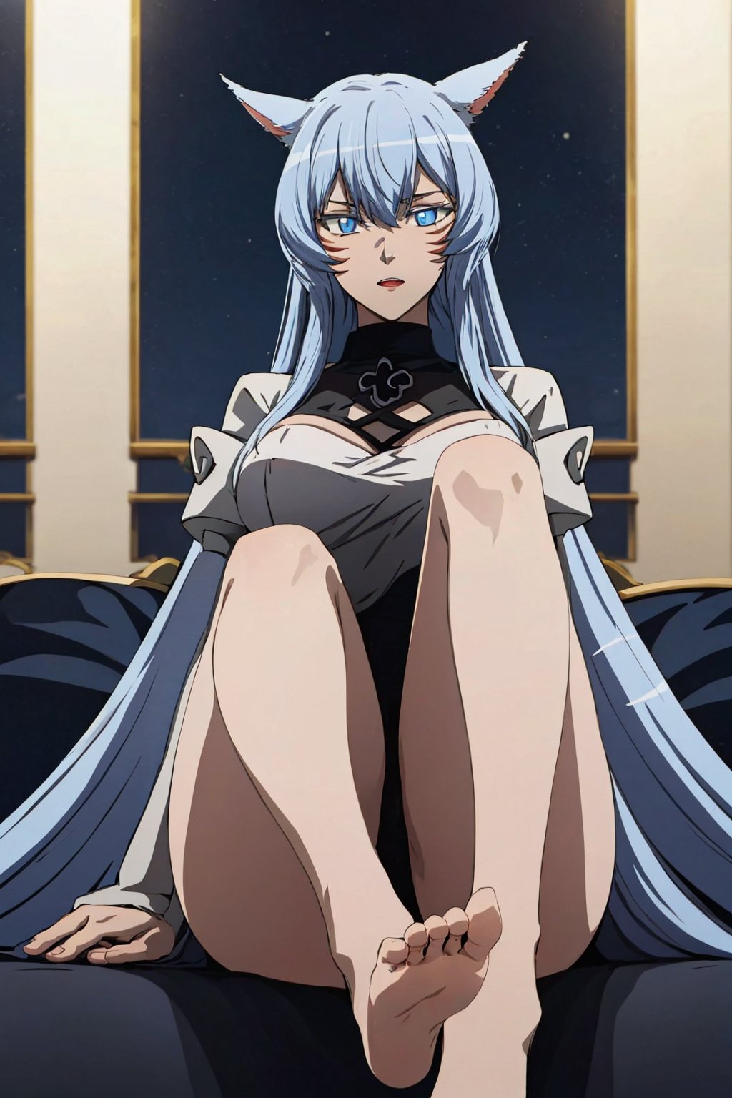  extremely long hair, blue hair, blue eyes, (esdeath:1.0), 1girl, solo,  tail,  miqo'te, cat ears, cat girl, slit pupils, whisker markings, looking at viewer,esdeath, feet,yshtola_rhul