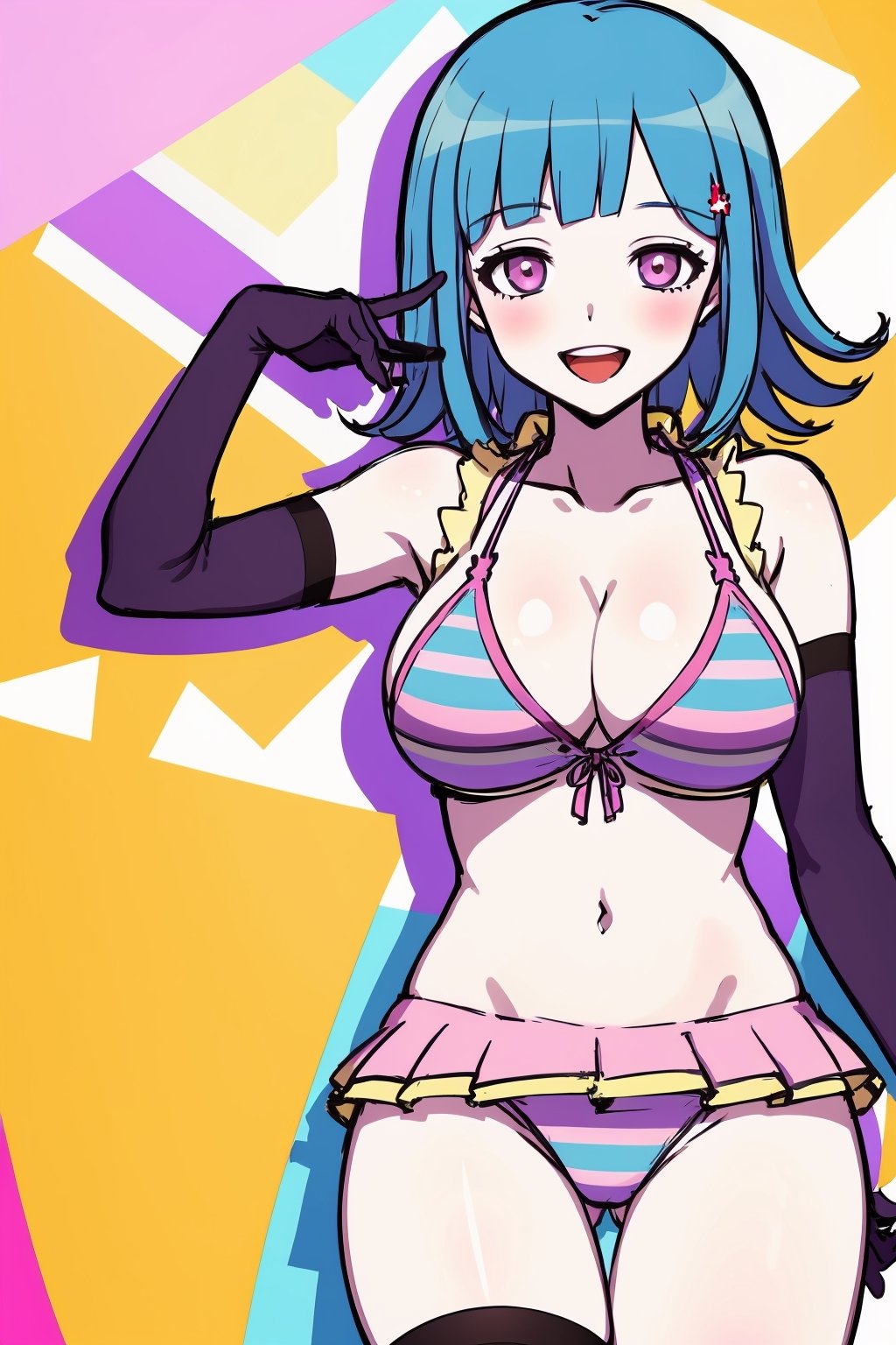 chiaki nanami, ;d, smile,BiBa, blue hair,  breasts, pink dressed with purple gloves,  blue stripped bikini