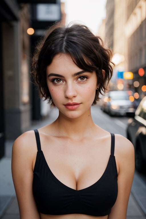 a cinematic photo of a cute 21-year-old Spanish woman with a thick pixie-short haircut, pixie, beauty mark, wearing a spaghetti-strap black and white polka dot top, a cute small face, full-lips, big round brown eyes with long lashes, slight-cleavage, youthful, pure, no-makeup, street-photography in NYC, looking at the viewer, pinterest photo