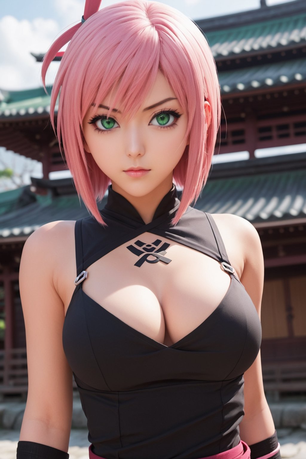 {{{masterpiece}}}, {{{best quality}}}, {{{ultra-detailed}}}, {cinematic lighting}, {illustration}, 1girl, sakura haruno, (green eyes:1.5), konoha sign on hairban, short hair, pink hair, bare shoulders,red aodai, black gloves, diamond mark on forehead, konohagakure symbol, ninja , sleeveless, sleeveless shirt, sexy ass, big breasts, cleavage, holding kunai, pretty face, pretty eyes, nice hands,  perfect body, pretty nose, full-body_portrait,ase_sese,Movie Still,Monster