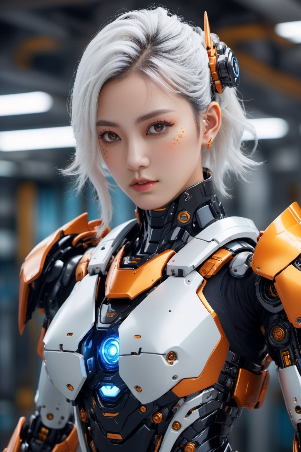 mecha musume, face mask, upper body, underboob, portrait, robot,white orange armor, white shimmering hair, neon light, 8K, RAW, best quality, masterpiece, ultra high res, colorful, (medium wide shot), (dynamic perspective), sharp focus ,depth of field, extremely detailed eyes and face, beautiful detailed eyes,large breasts,(black gold, trimmed gear:1.2),(In a futuristic weapons factory:1.2), ((masterpiece, best quality)), Detailed background, spaceship interior,cyborg style,detailmaster2