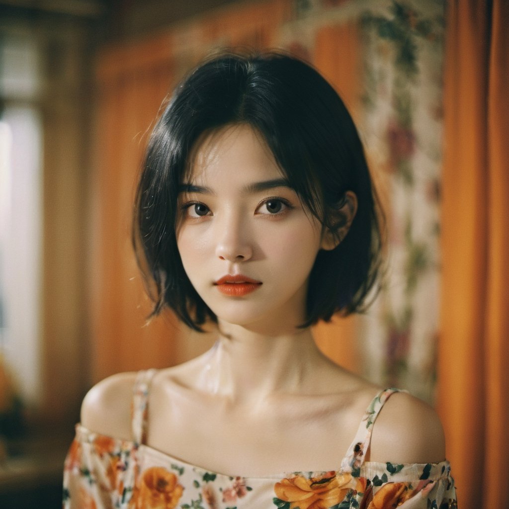 FilmGirl, 1girl, solo, looking at viewer, black hair, short hair, upper body, black eyes, lips, realistic, floral print, bare shoulders, closed mouth, collarbone, forehead, blurry, indoors, blurry background, off shoulder, shirt, Halloween,orange 