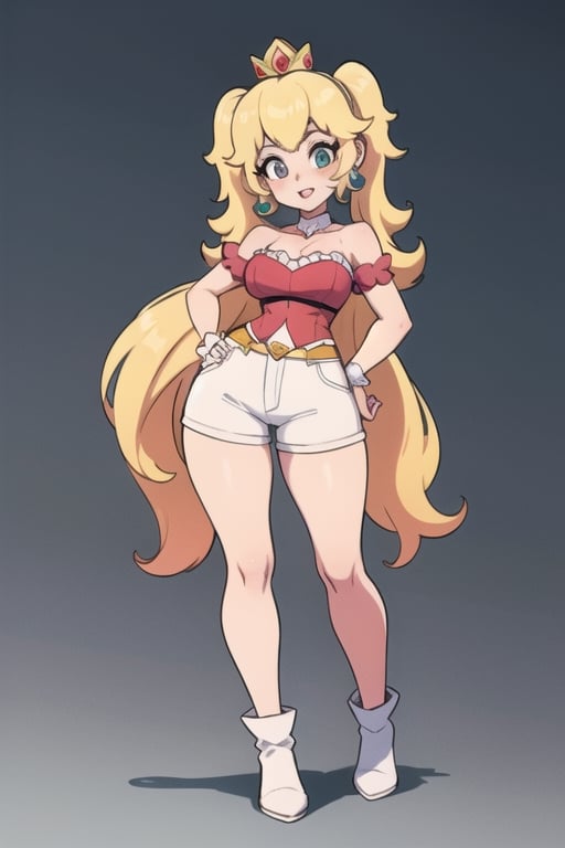 princess peach with pigtails in white shorts show full body