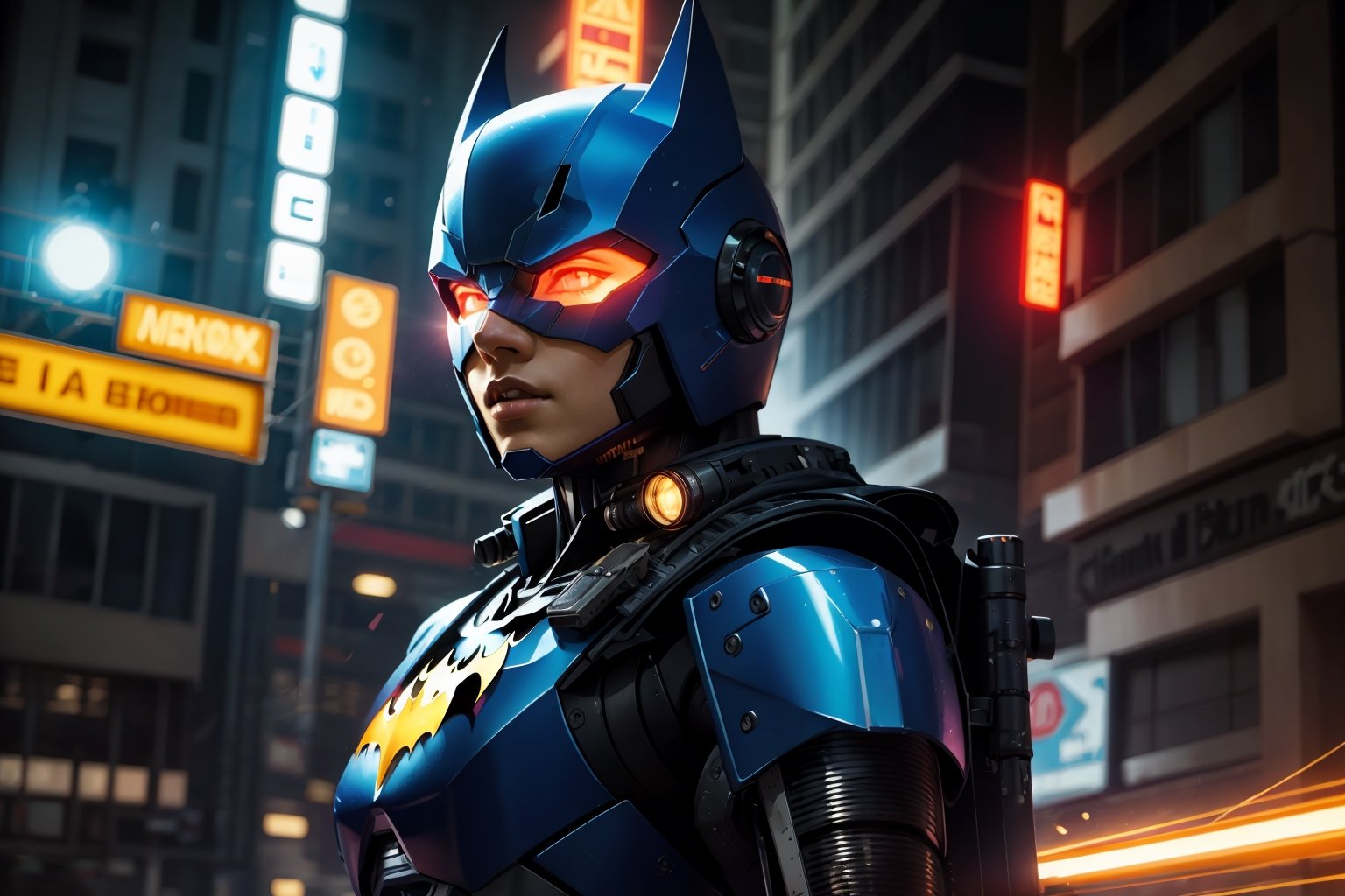 Portrait,wide shot, Batman robotic mecha soldier character, anthropomorphic figure, wearing futuristic mecha soldier armor and weapons, reflection mapping, realistic figure, night city background, neon, hyper detailed cinematic lighting photography, 32k uhd with a golden cane, blue lighting on the suit,